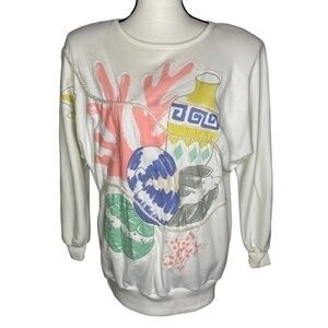 Adolfo Sport Vintage 80s Top White‎ Ocean Appliqué Graphic Sweatshirt Top Size S